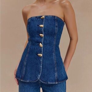 Meshki Blue Denim Strapless Button Peplum Top